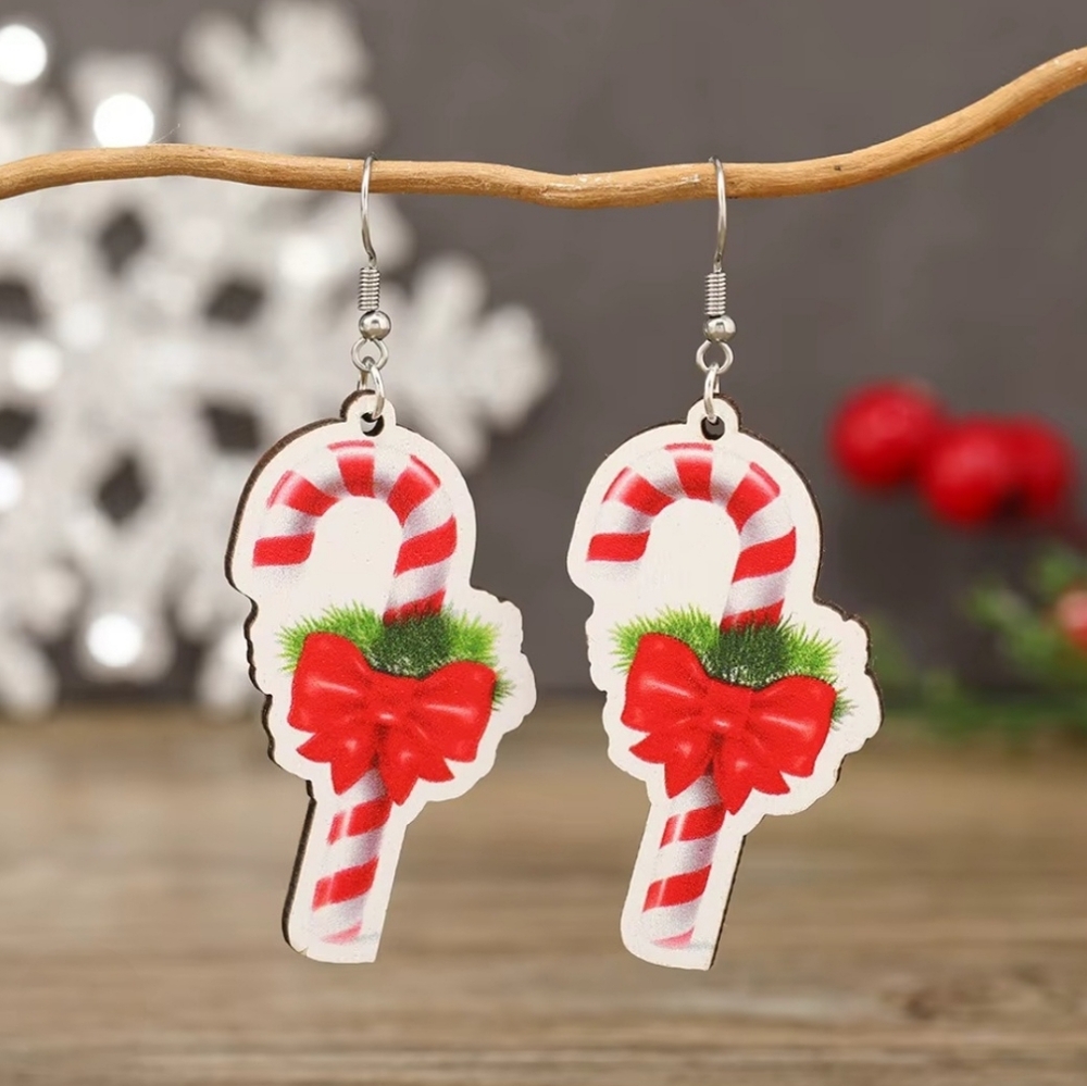 Festive Holiday Natural Wood Christmas Red Bow Candy‎ Cane Dangle Drop Earrings